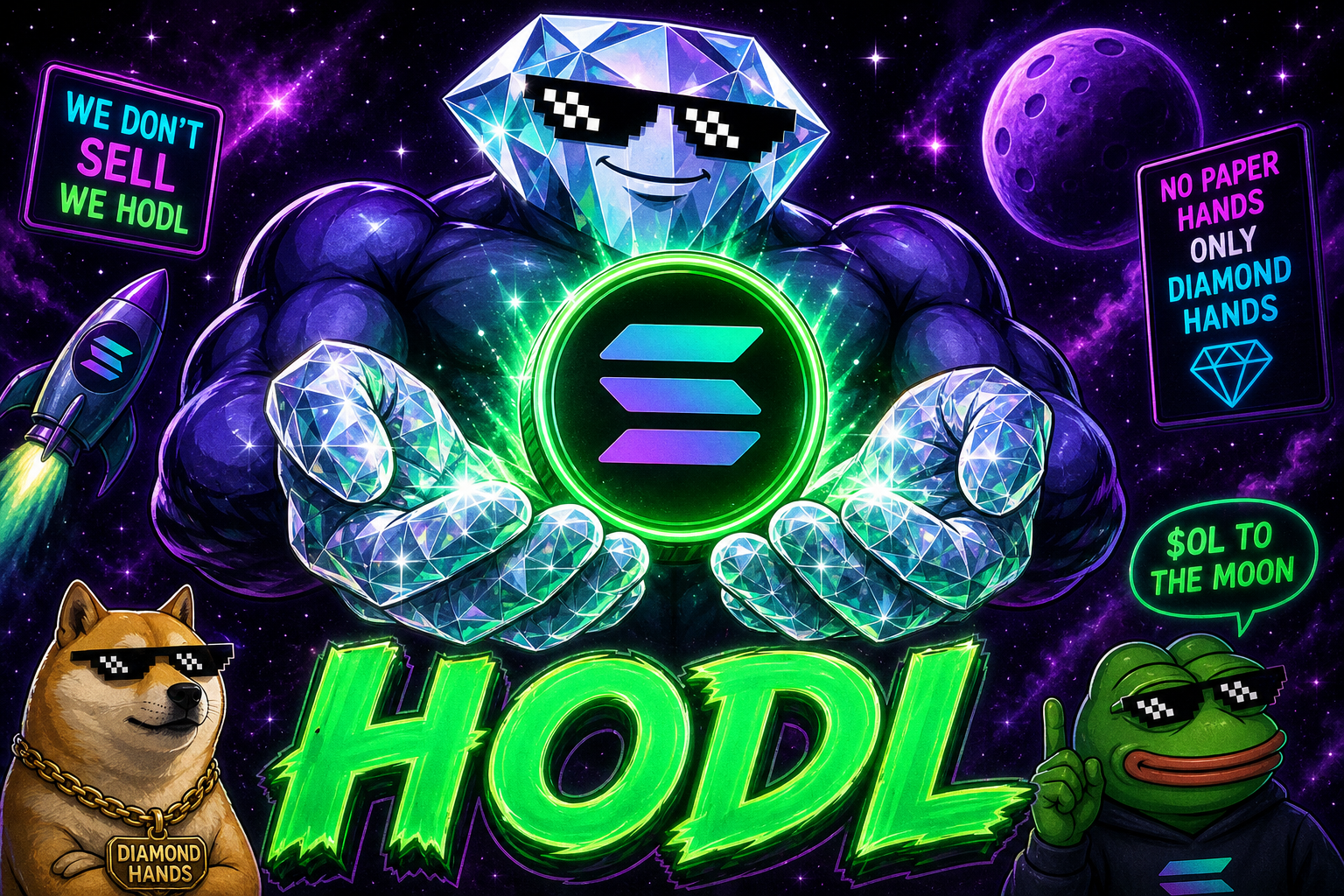 Diamond hands holding HODL coin on Solana