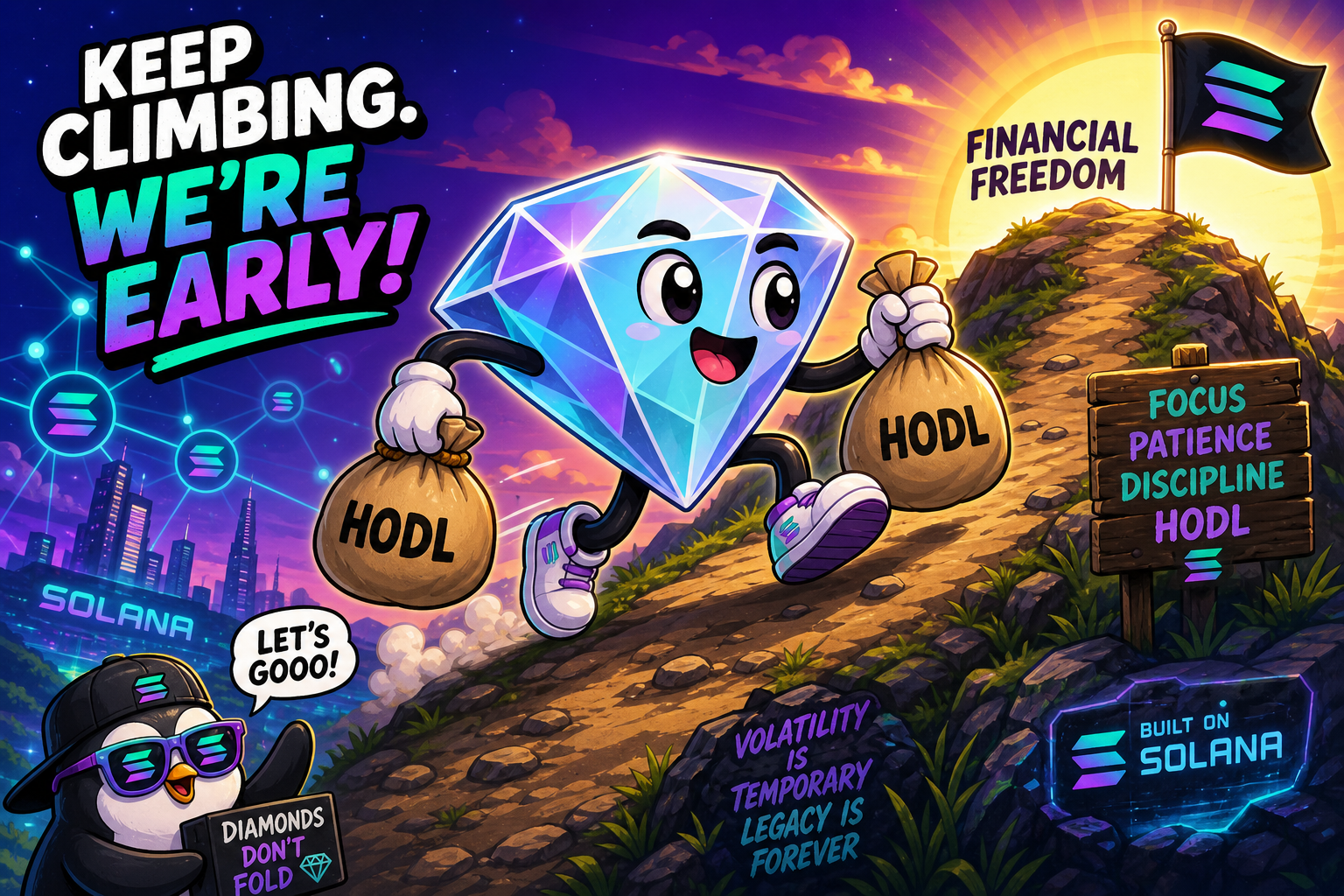 Diamond character running uphill with HODL bags