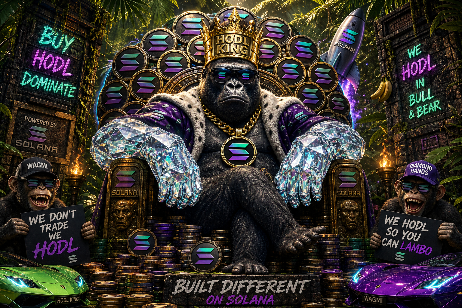 HODL King gorilla on Solana throne