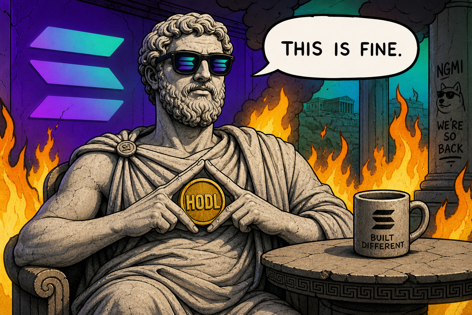 Greek statue with diamond hands holding HODL